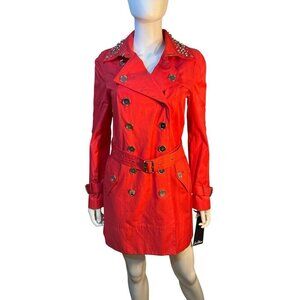 Sam Edelman Studded Collar Belted Button Down Trench Coat Hibiscus Sz Small Nwt